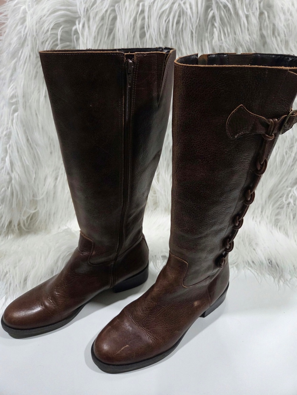 Brown Distressed Knee High Riding Boots Buckle Detail Size 9